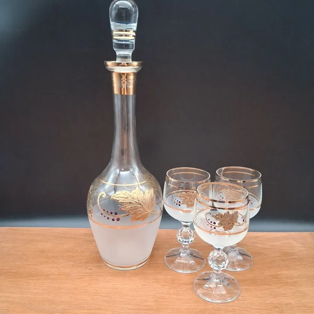 VTG Bohemia Crystalex BOC47 Decanter & 3 Wine Glasses Set Gold Leaf Czech MCM